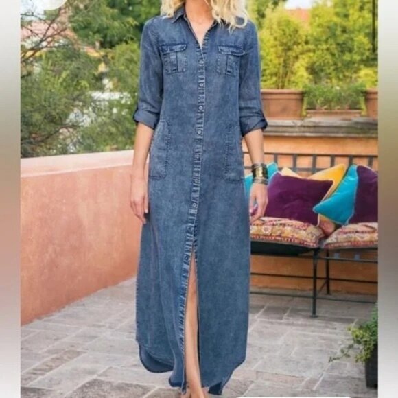 Soft Surroundings Acid Wash Button‎ Roll Sleeve Maxi Dress Sz Large - Picture 1 of 7